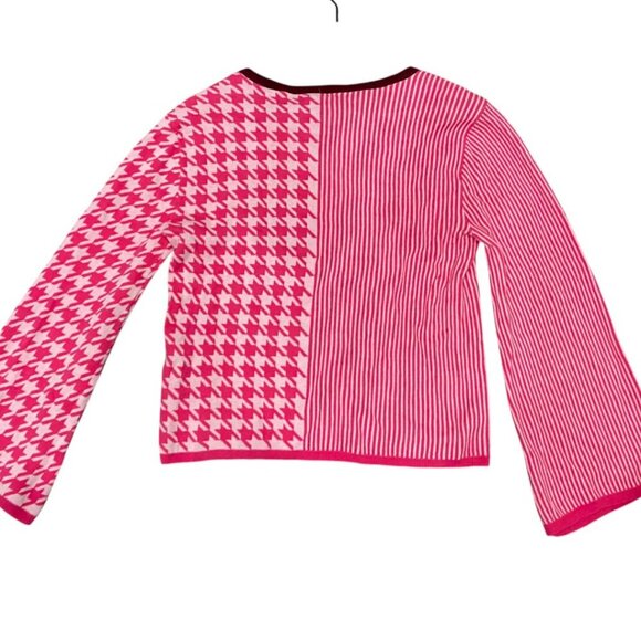 Barbiecore Knit Pink Colorblock Stripe Houndstooth Bell Sleeve Crop XS - Picture 3 of 7